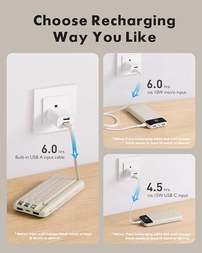 Slim 10000mAh Power Bank with Built-in Cables