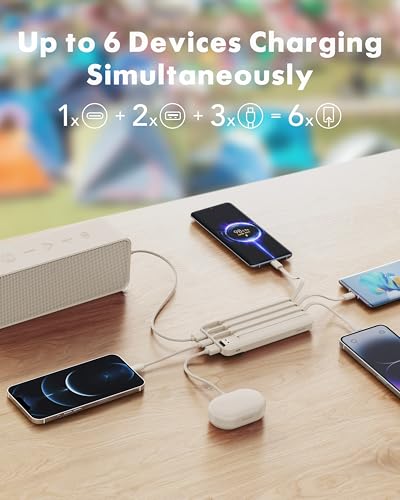 Slim 10000mAh Power Bank with Built-in Cables