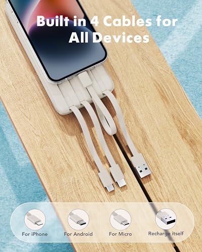 Slim 10000mAh Power Bank with Built-in Cables