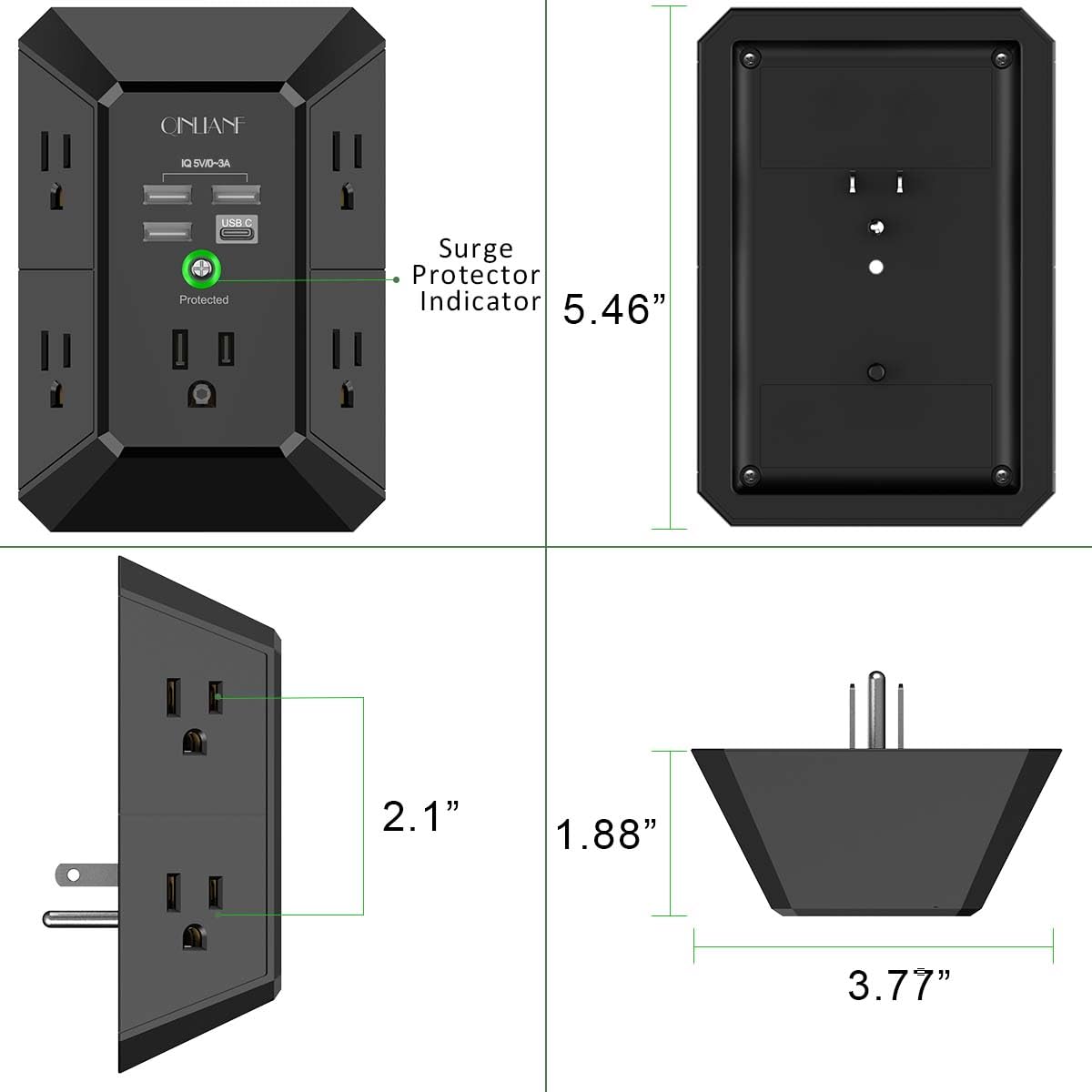 Wall Outlet Extender with USB &amp; Surge Protection