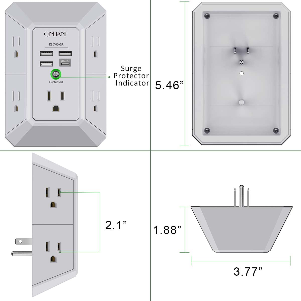Wall Outlet Extender with USB &amp; Surge Protection