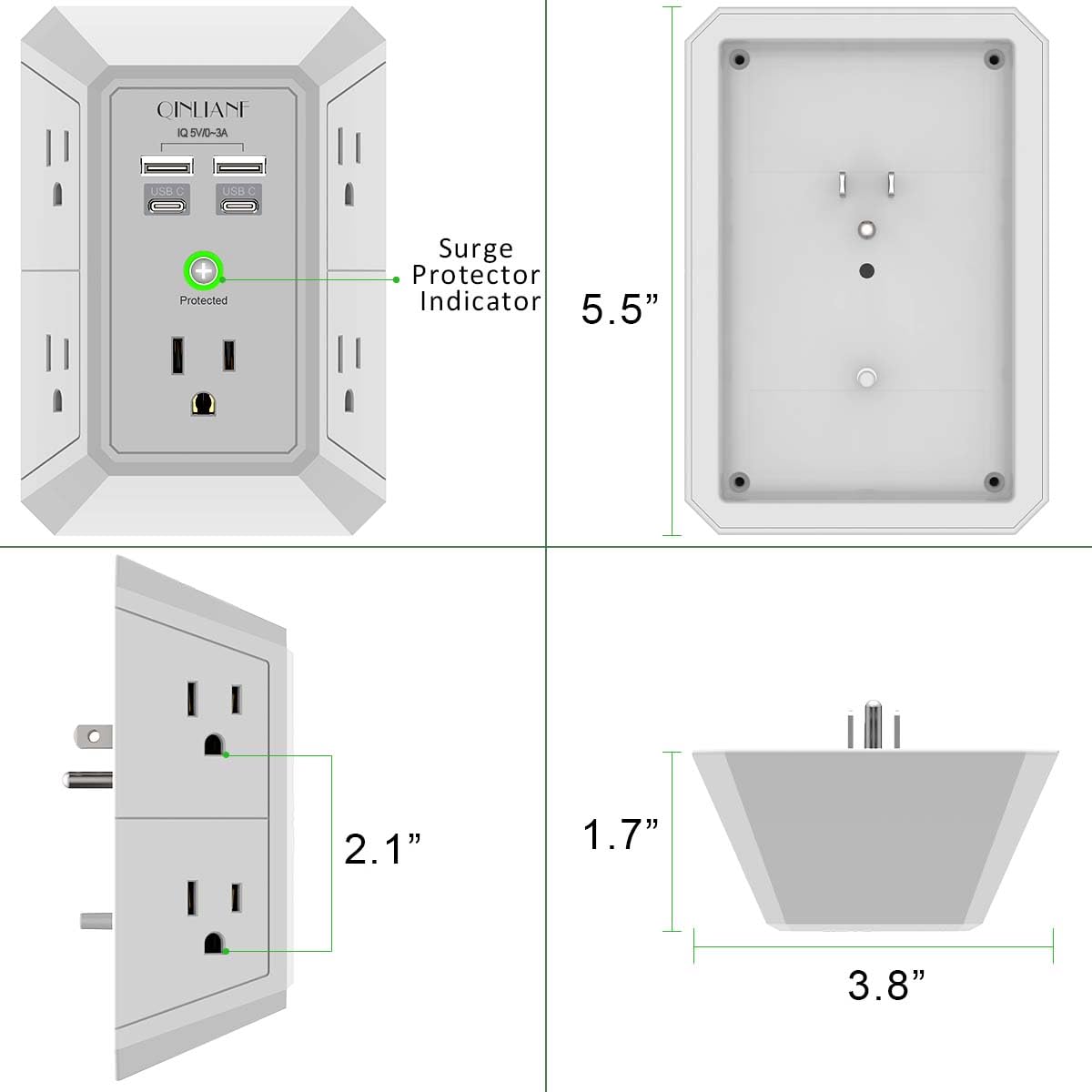 Wall Outlet Extender with USB &amp; Surge Protection