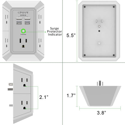 Wall Outlet Extender with USB &amp; Surge Protection