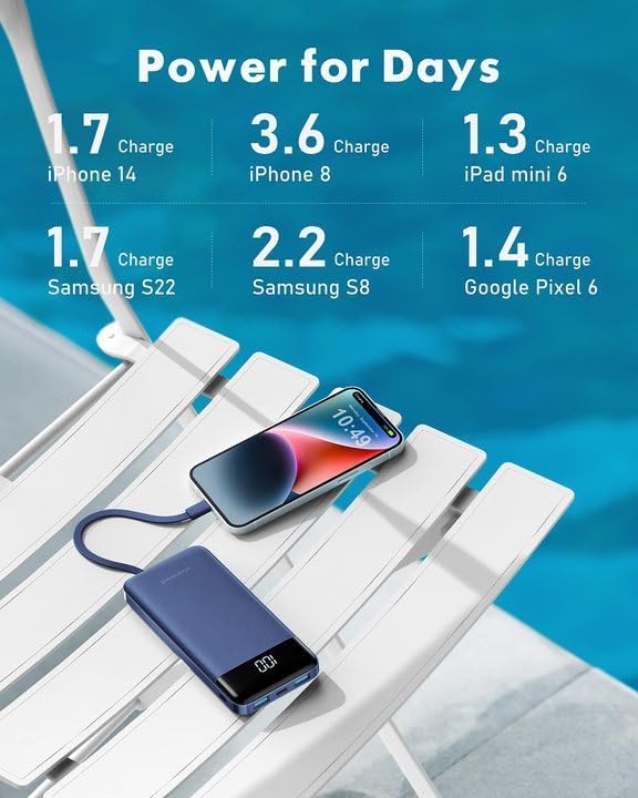 Slim 10000mAh Power Bank with Built-in Cables