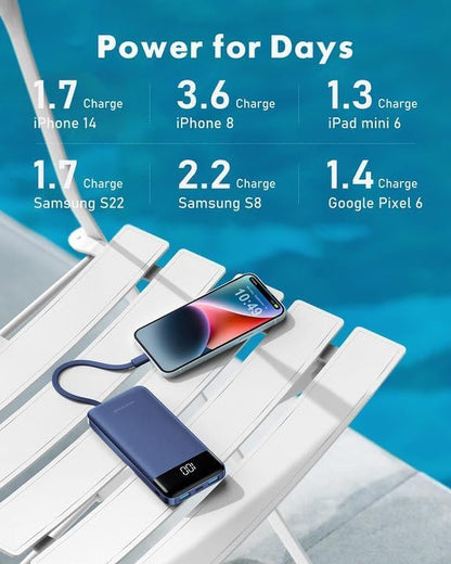 Slim 10000mAh Power Bank with Built-in Cables
