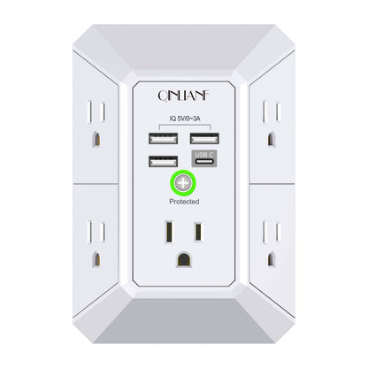 Wall Charger, Surge Protector, QINLIANF 5 Outlet Extender with 4 USB Charging Ports, 3-Sided 1680J Power Strip Multi Plug Adapter Spaced for Home Travel Office