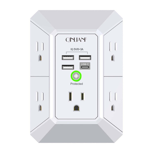 Wall Charger, Surge Protector, QINLIANF 5 Outlet Extender with 4 USB Charging Ports, 3-Sided 1680J Power Strip Multi Plug Adapter Spaced for Home Travel Office