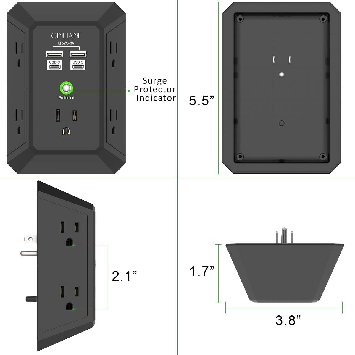Wall Outlet Extender with USB &amp; Surge Protection