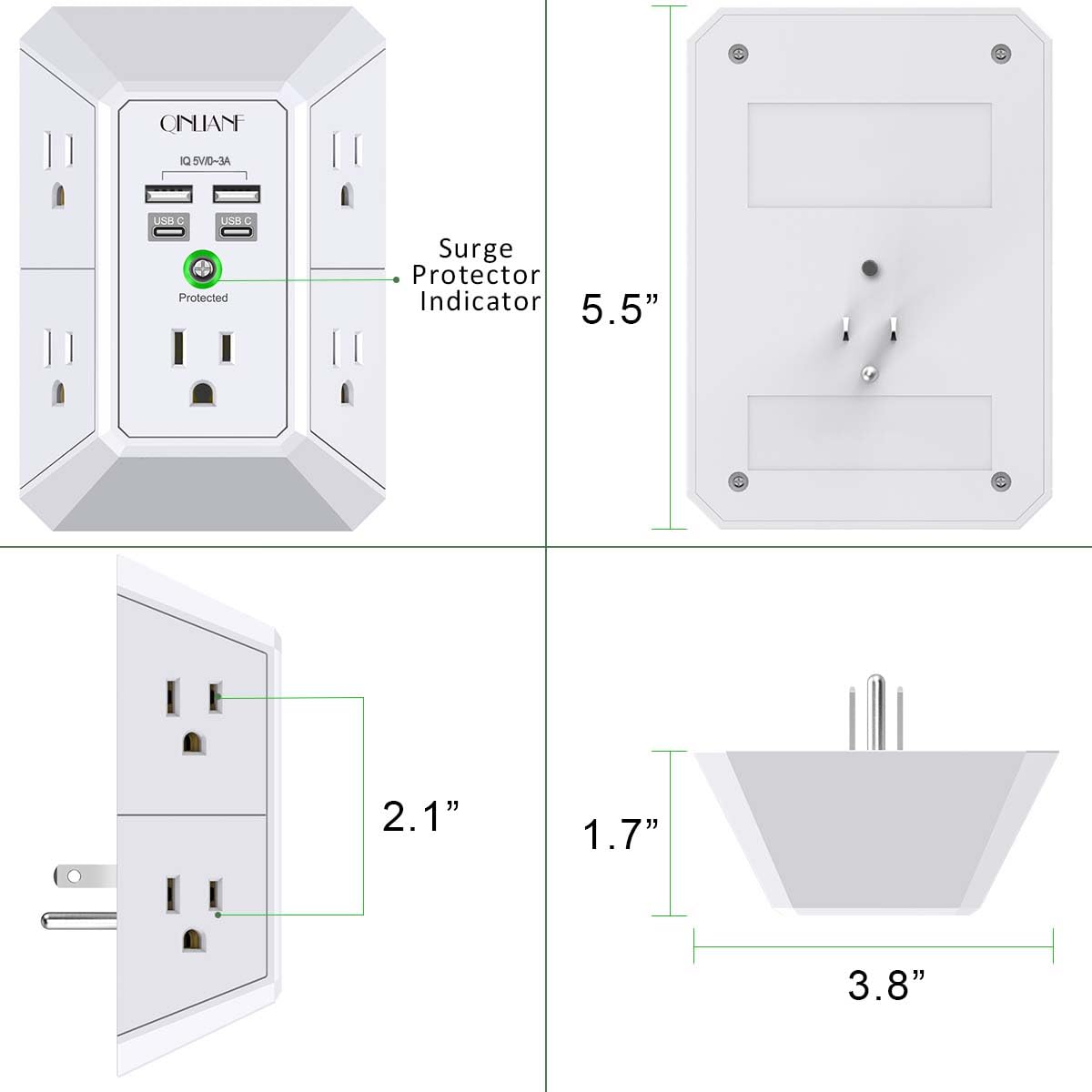 Wall Outlet Extender with USB &amp; Surge Protection