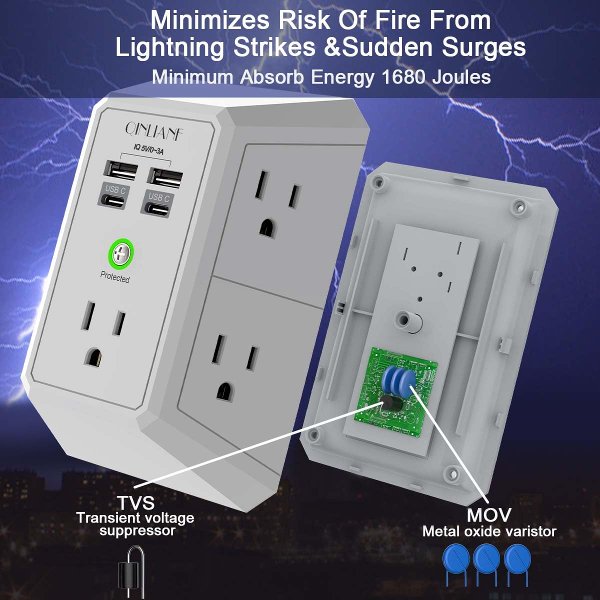 Wall Outlet Extender with USB &amp; Surge Protection
