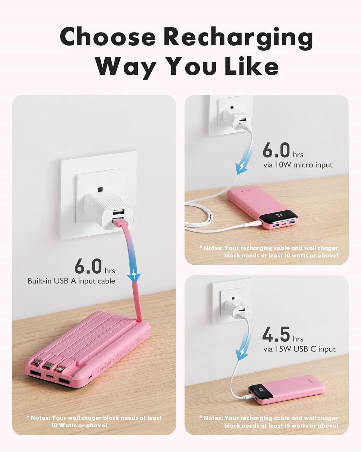 Slim 10000mAh Power Bank with Built-in Cables