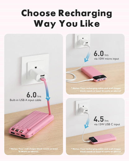 Slim 10000mAh Power Bank with Built-in Cables