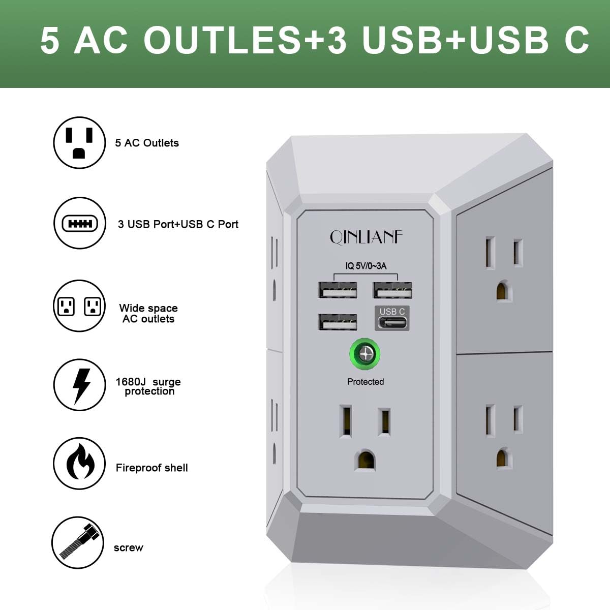 Wall Outlet Extender with USB &amp; Surge Protection