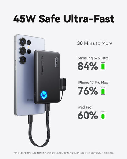 INIU Portable Charger, Ultra Slim 45W Fast Charging with Attached USB C Cable