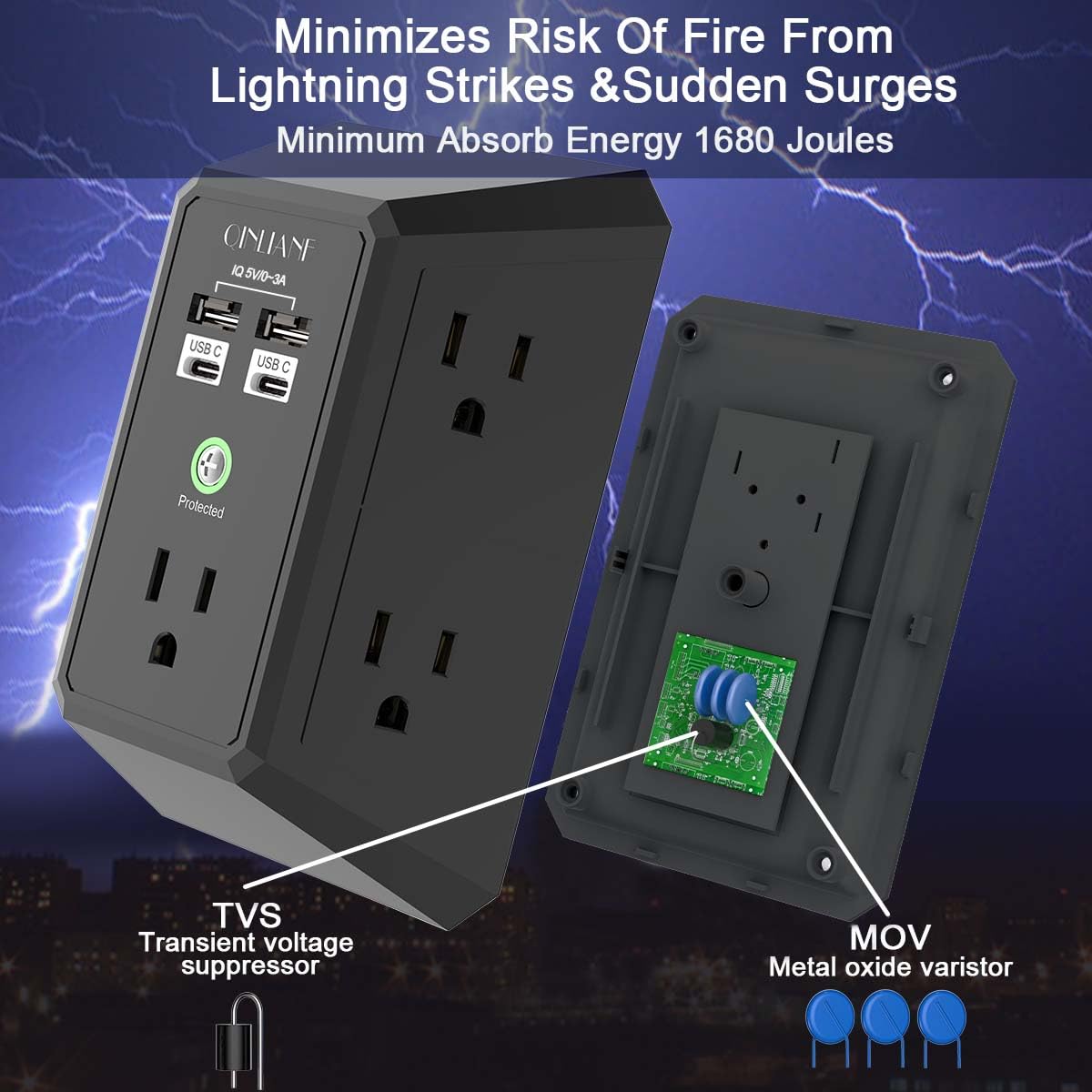 Wall Outlet Extender with USB &amp; Surge Protection
