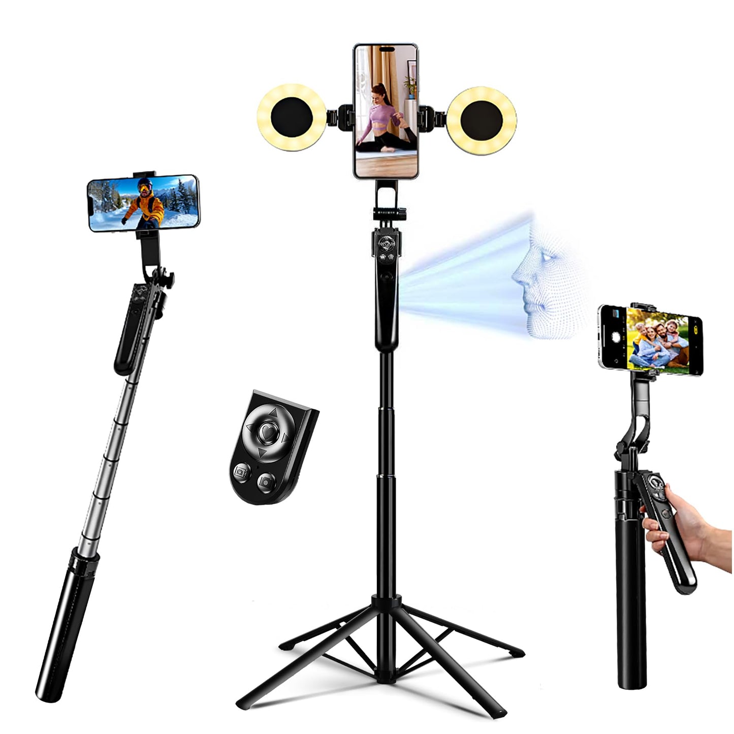 Euoto Auto Face Tracking Selfie Stick Tripod for iPhone with Light 360 Rotation That Follows Your Movement 70.9" Camera Tripod Stand with Remote for Content Creator Vlog Live Stream Video Recording