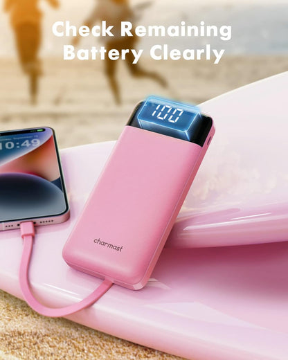 Slim 10000mAh Power Bank with Built-in Cables