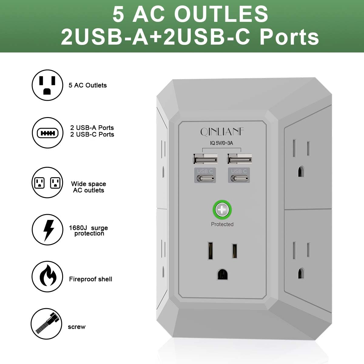 Wall Outlet Extender with USB &amp; Surge Protection