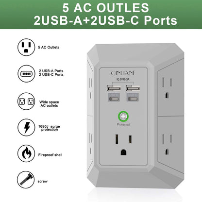 Wall Outlet Extender with USB &amp; Surge Protection