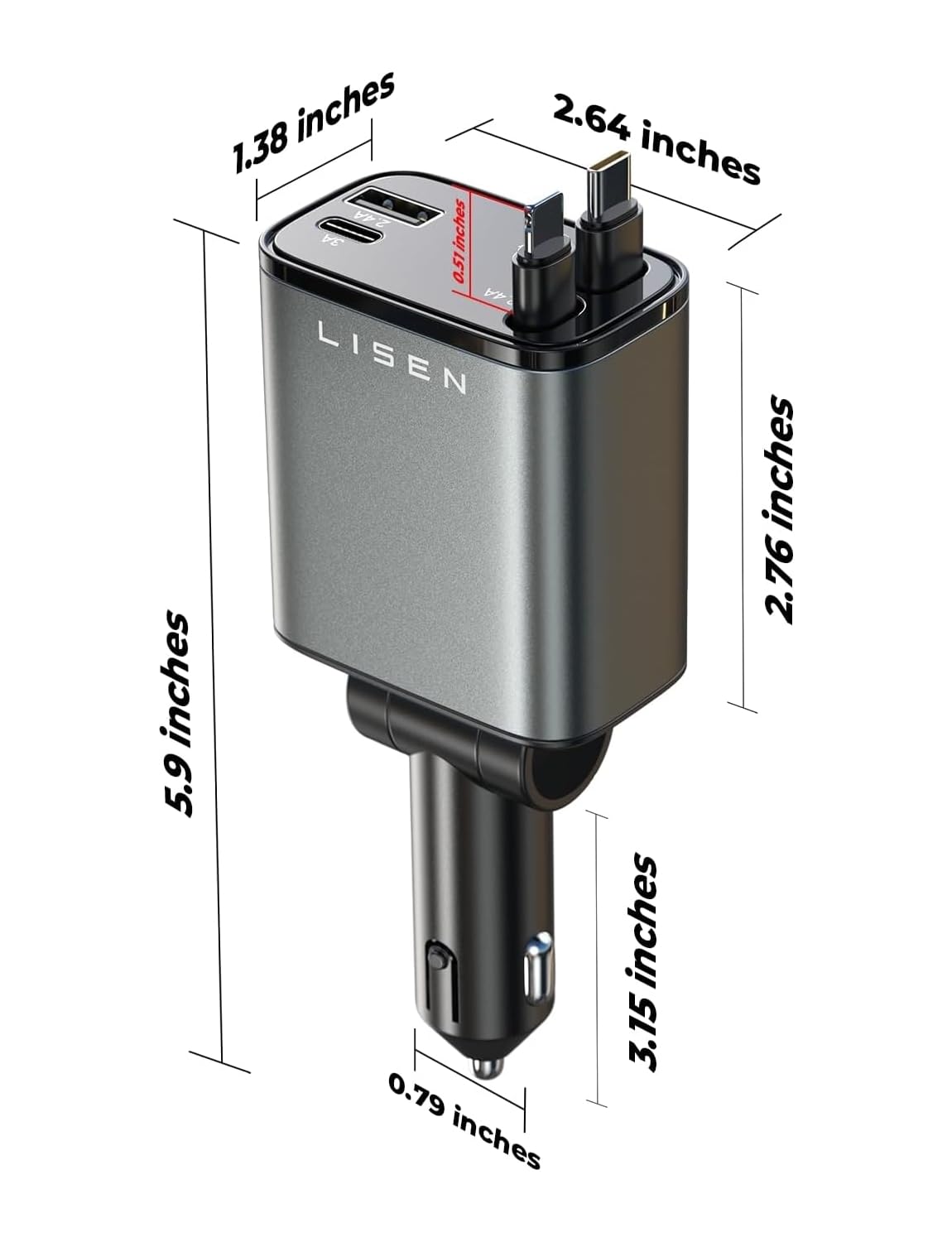 LISEN Retractable Car Charger, Gifts for Him Her, 84W Car Adapter USB C Fast Charger
