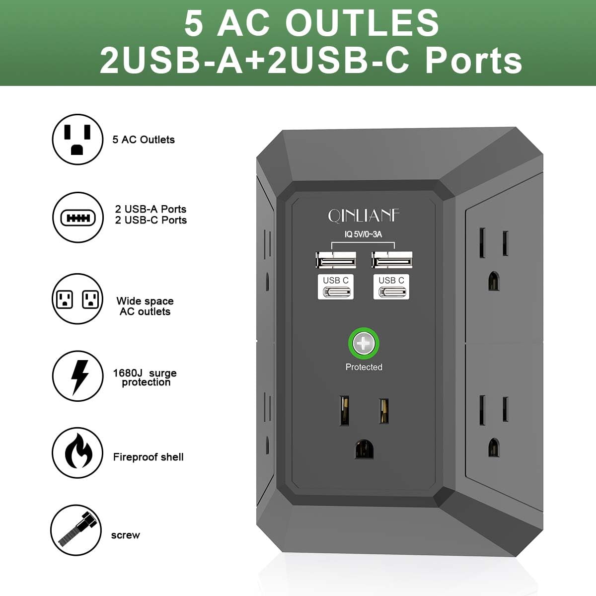 Wall Outlet Extender with USB &amp; Surge Protection