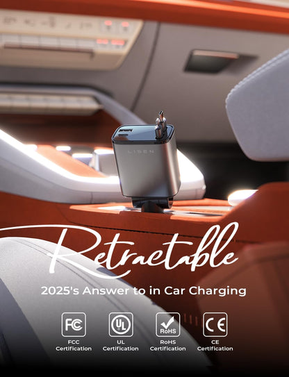 LISEN Retractable Car Charger, Gifts for Him Her, 84W Car Adapter USB C Fast Charger