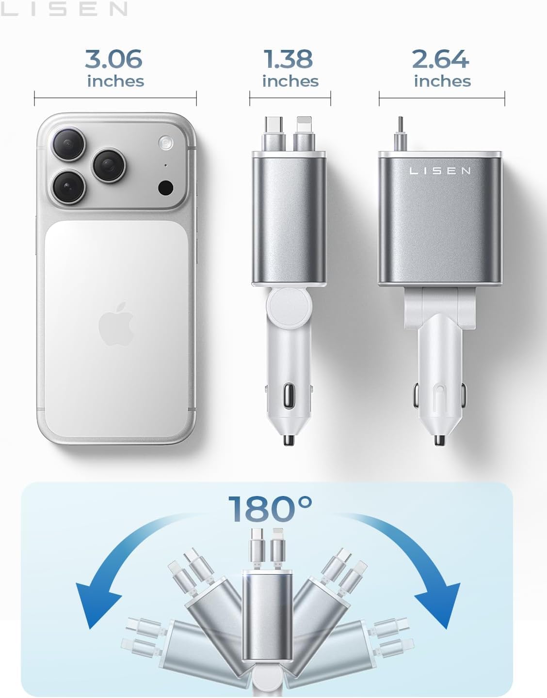 LISEN Retractable Car Charger, Gifts for Him Her, 84W Car Adapter USB C Fast Charger