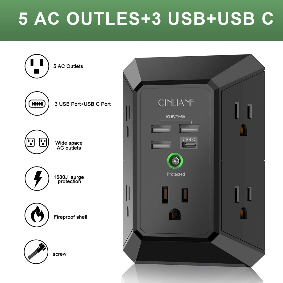 Wall Outlet Extender with USB &amp; Surge Protection
