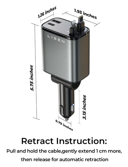 LISEN Retractable Car Charger, Gifts for Him Her, 84W Car Adapter USB C Fast Charger