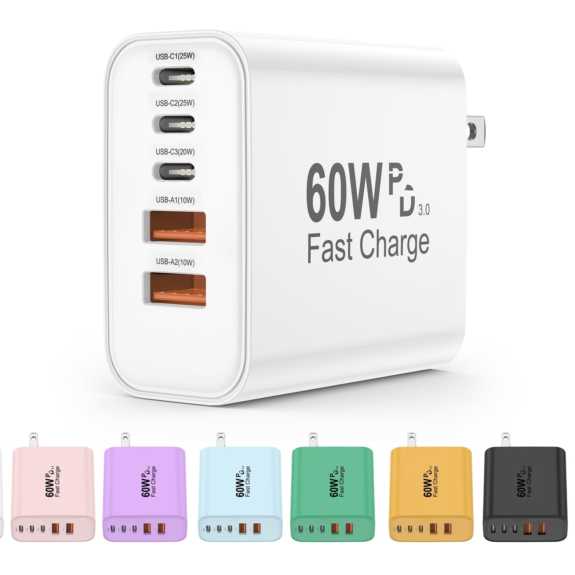 USB C Charger Block, 5 in 1 60W Charging Blocks, PD 3.0 25W Single Max Fast Charger, QC 2A USB Wall Charger for iPhone 16 15 14 13 12 11 Pro Max, iPad, iPod, Samsung, AirPods Pro, Apple Watch Series
