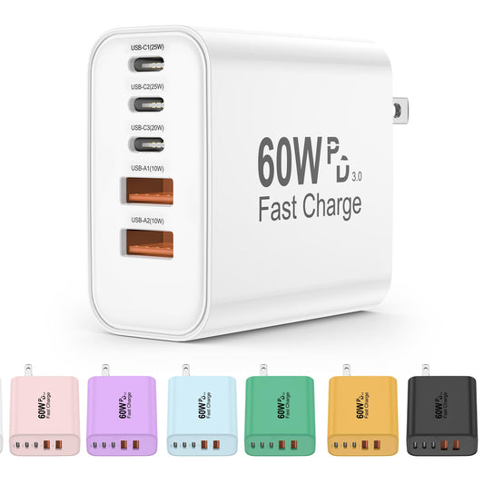 USB C Charger Block, 5 in 1 60W Charging Blocks, PD 3.0 25W Single Max Fast Charger, QC 2A USB Wall Charger for iPhone 16 15 14 13 12 11 Pro Max, iPad, iPod, Samsung, AirPods Pro, Apple Watch Series