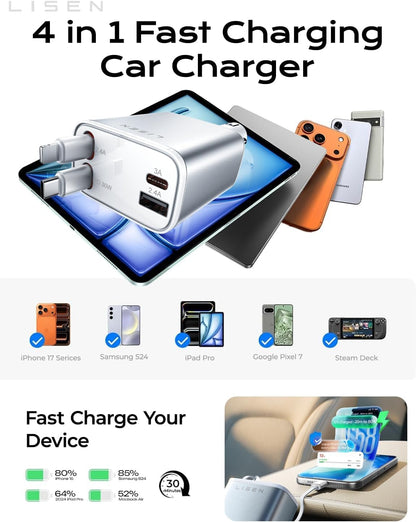 LISEN Retractable Car Charger, Gifts for Him Her, 84W Car Adapter USB C Fast Charger