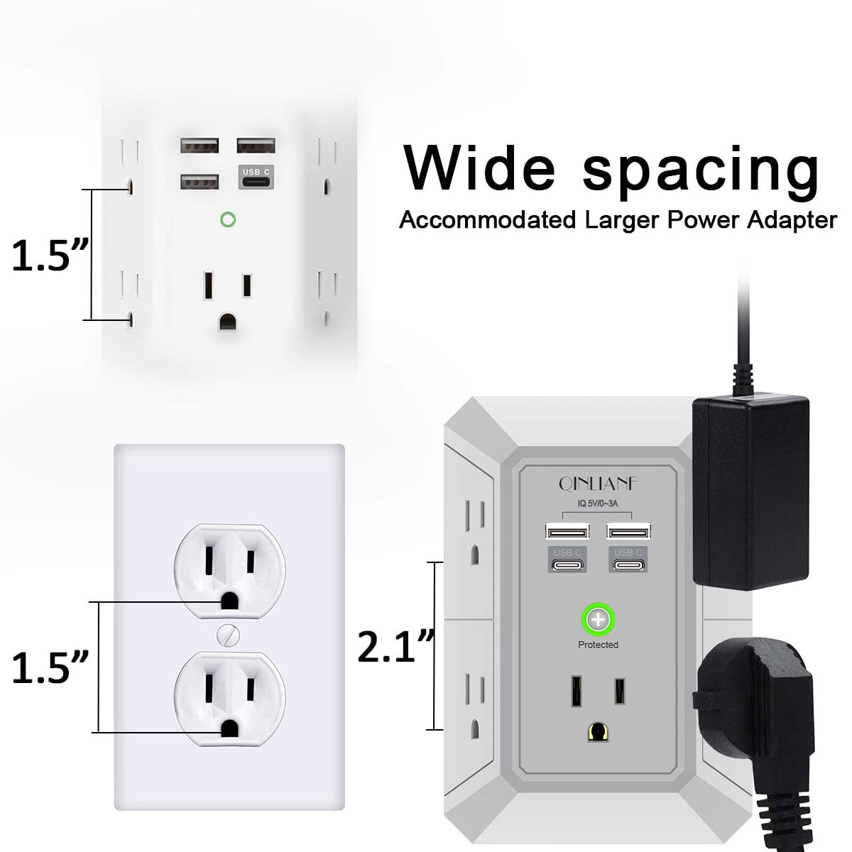 Wall Outlet Extender with USB &amp; Surge Protection