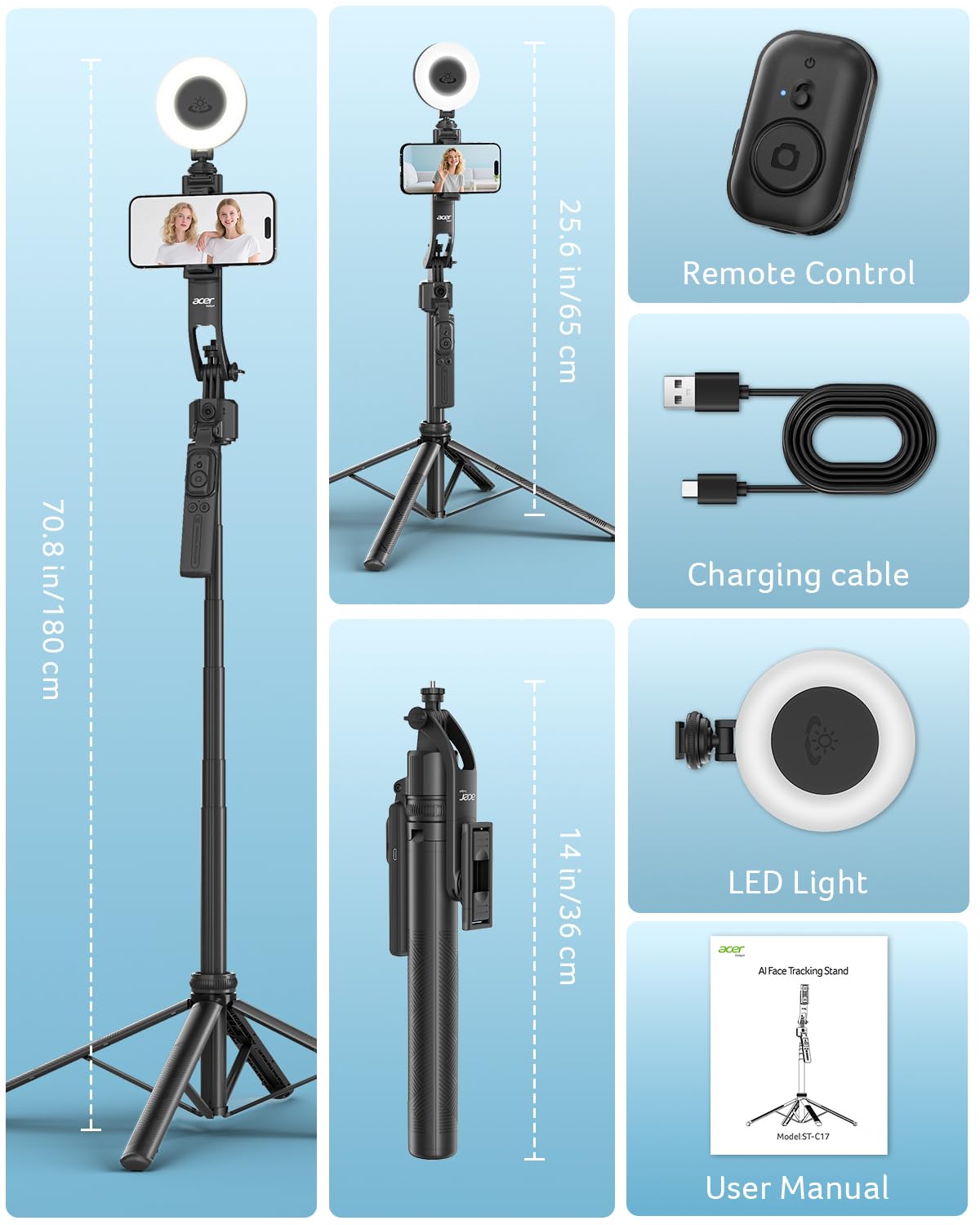 360° AI Face Tracking Tripod with Ring Light