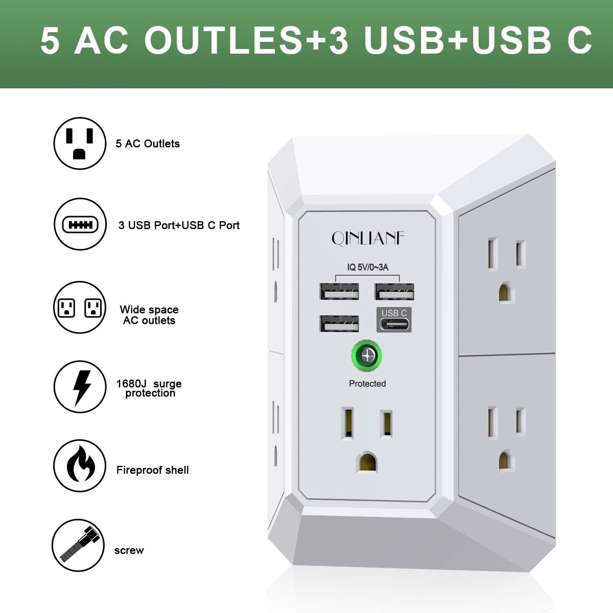 Wall Outlet Extender with USB &amp; Surge Protection