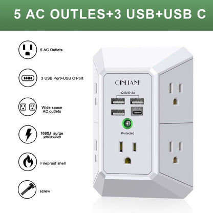 Wall Outlet Extender with USB &amp; Surge Protection