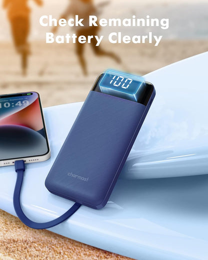 Slim 10000mAh Power Bank with Built-in Cables