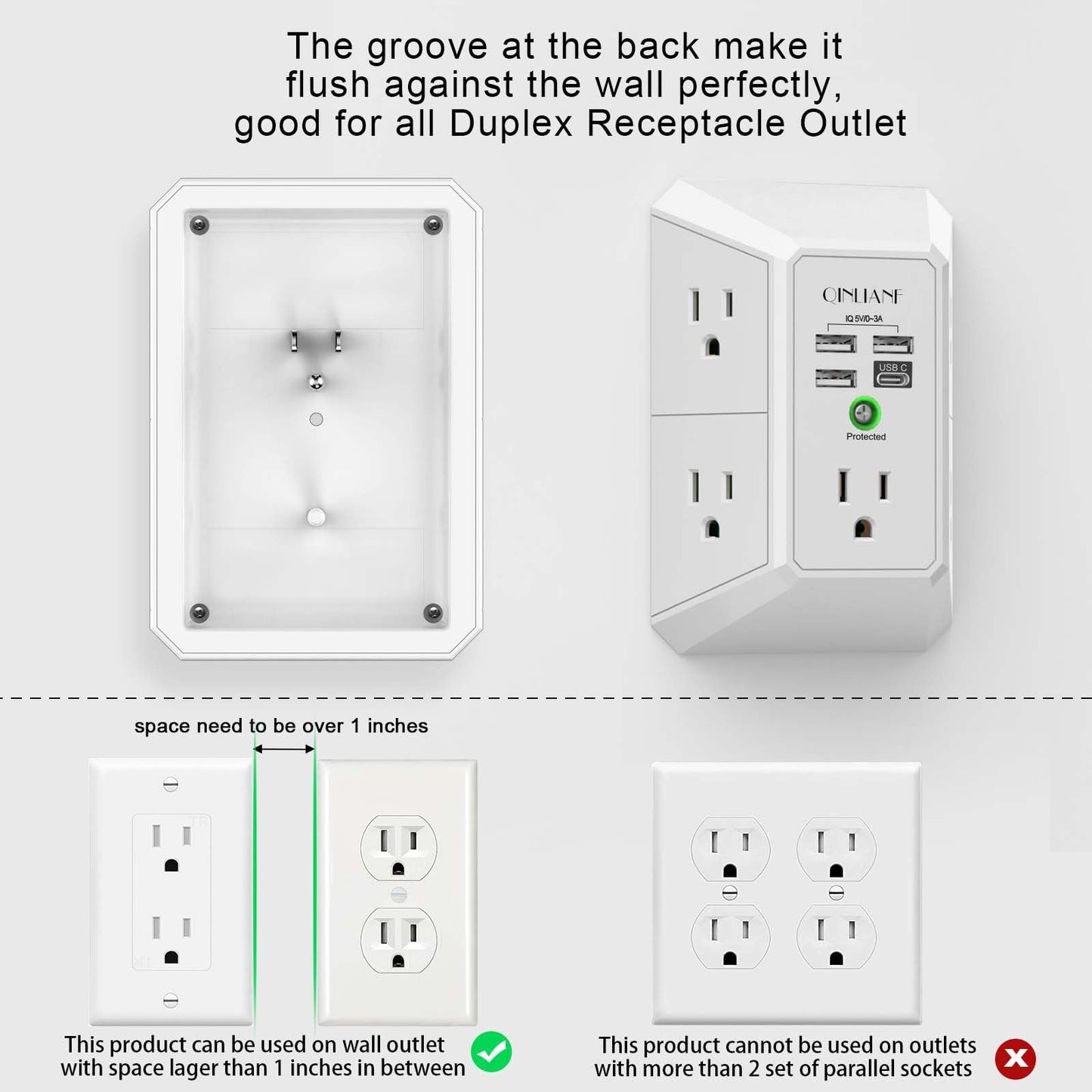 Wall Outlet Extender with USB &amp; Surge Protection