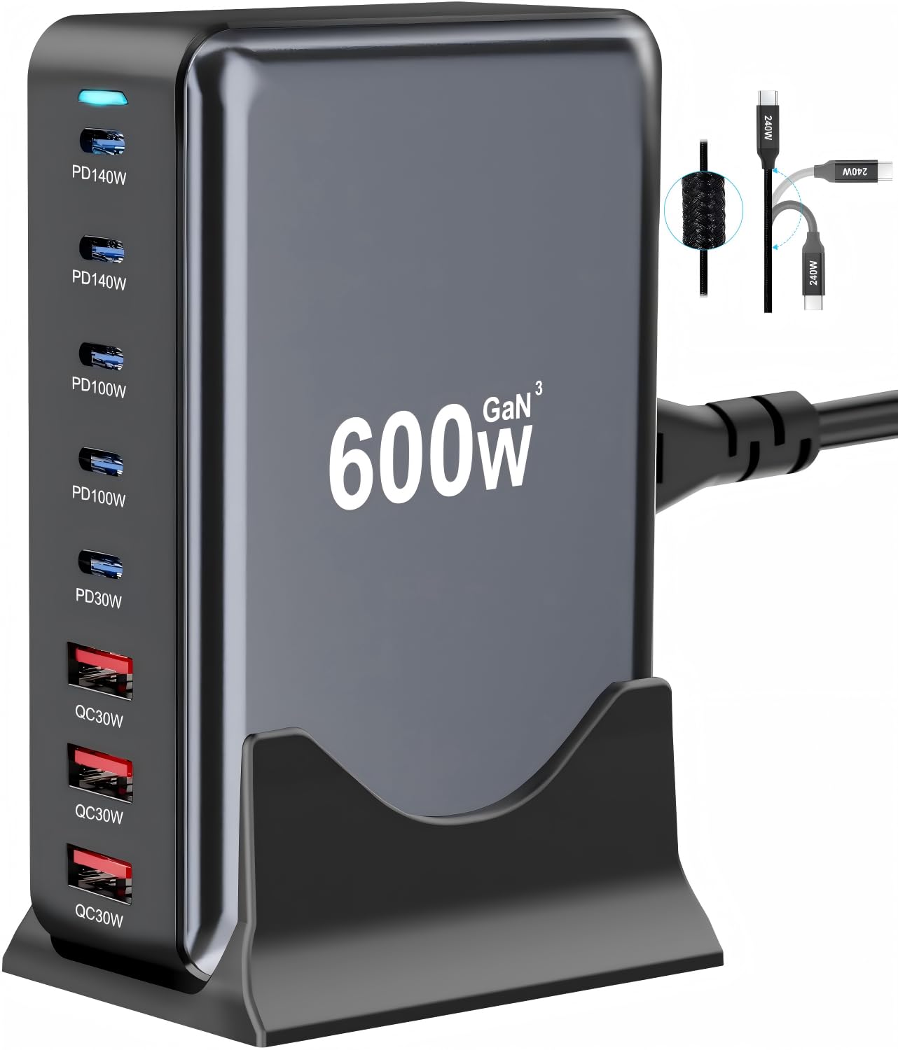 600W+A 240W Fast Charging Cable Braided NylonBlack