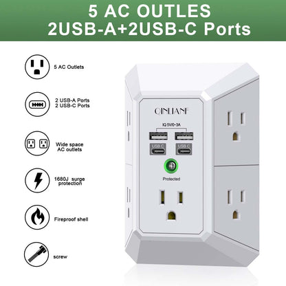 Wall Outlet Extender with USB &amp; Surge Protection