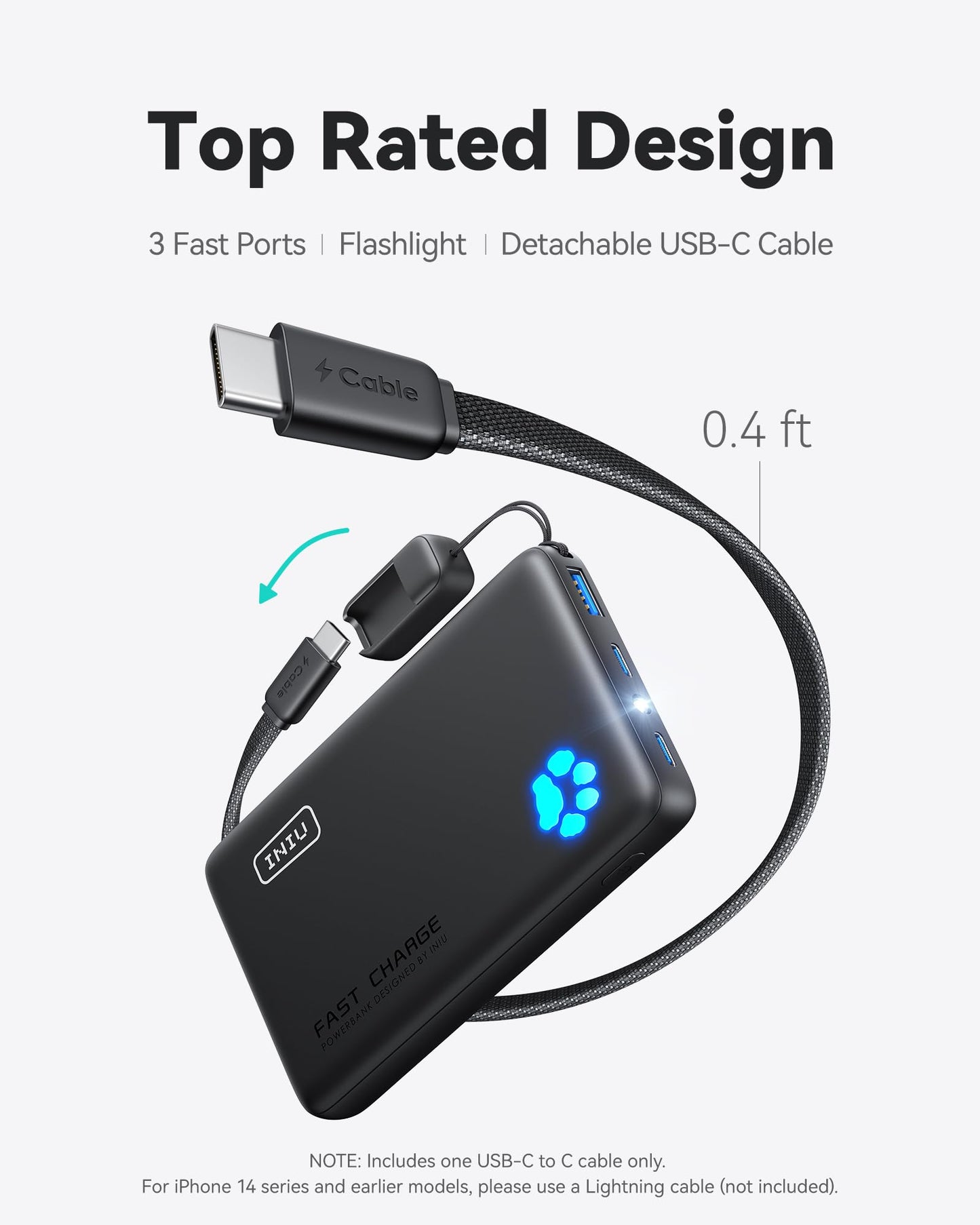 INIU Portable Charger, Ultra Slim 45W Fast Charging with Attached USB C Cable