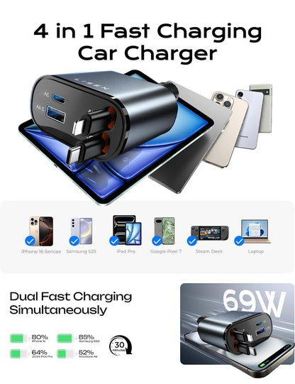 LISEN Retractable Car Charger, Gifts for Him Her, 84W Car Adapter USB C Fast Charger