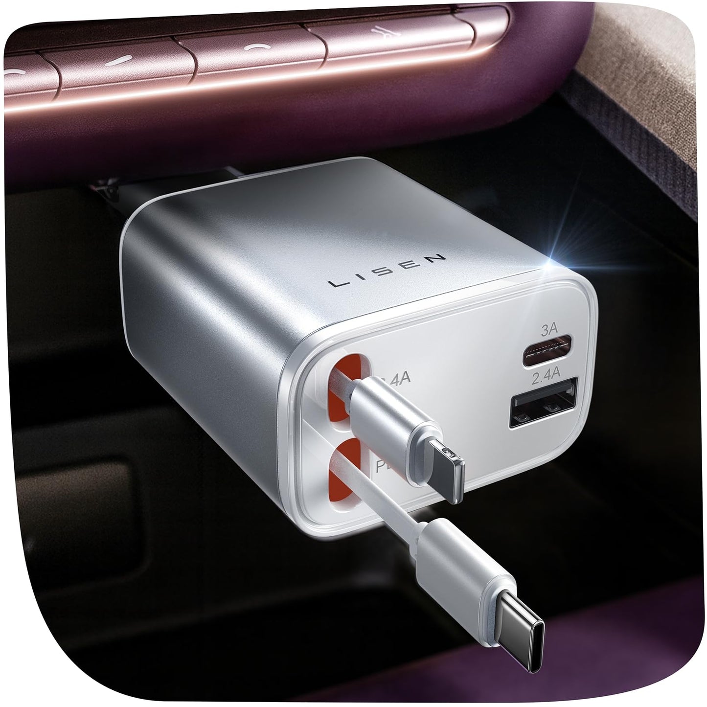 LISEN Retractable Car Charger, Gifts for Him Her, 84W Car Adapter USB C Fast Charger