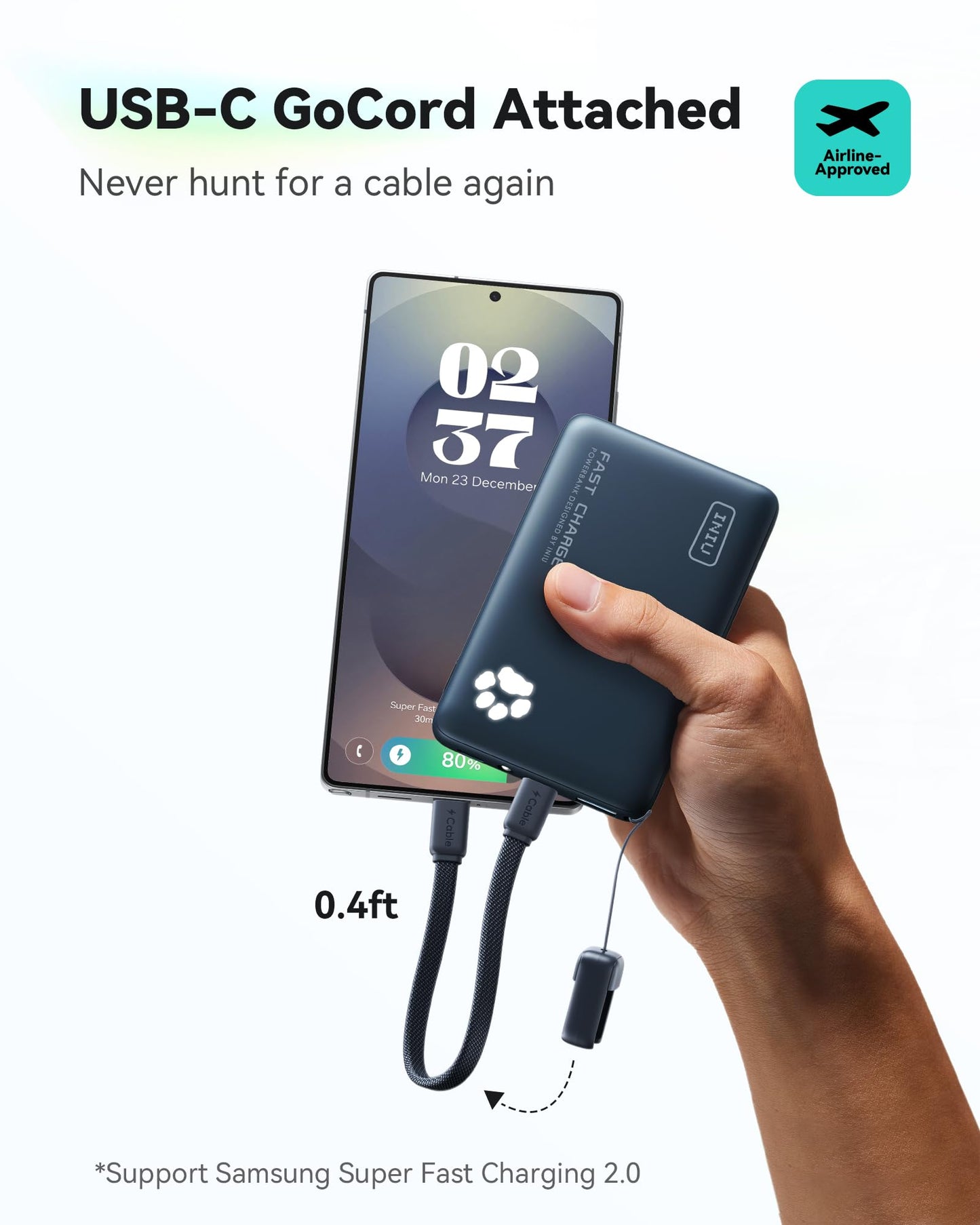 INIU Portable Charger, Ultra Slim 45W Fast Charging with Attached USB C Cable