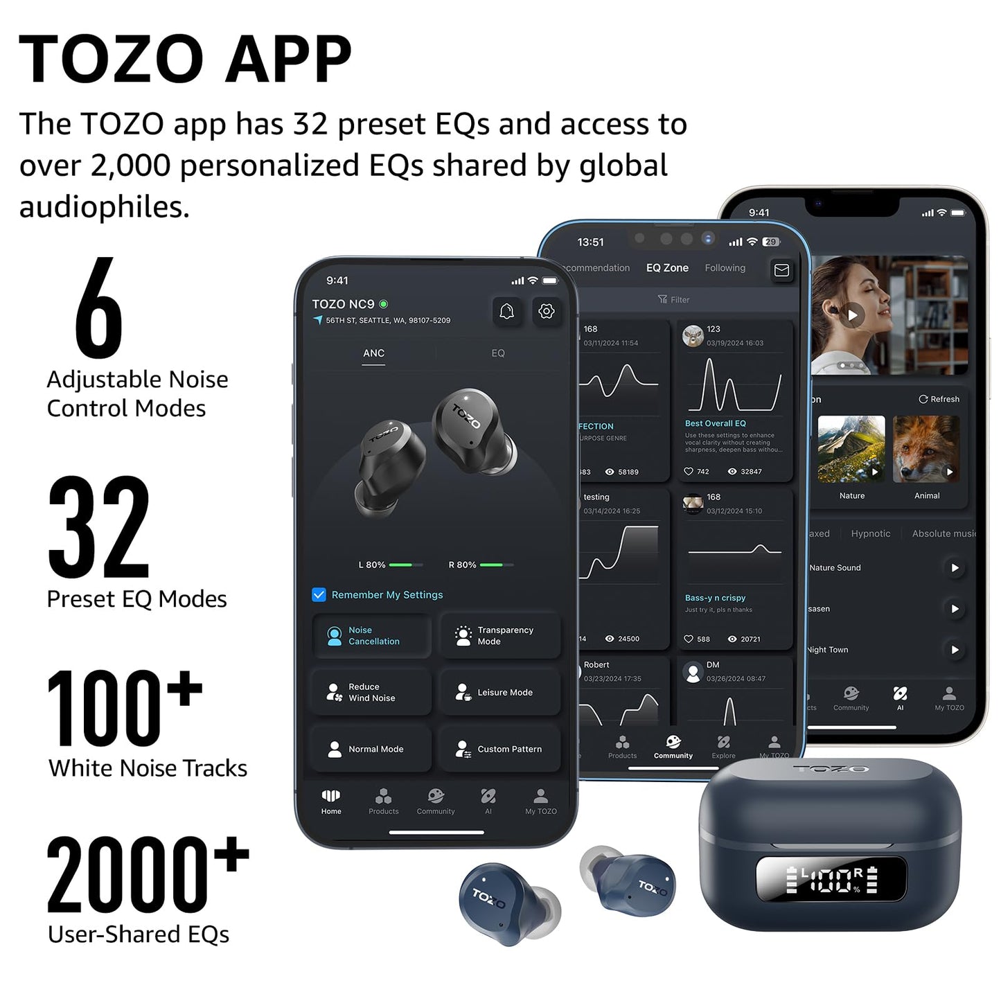 TOZO NC9 Hybrid Active Noise Cancelling Wireless Earbuds