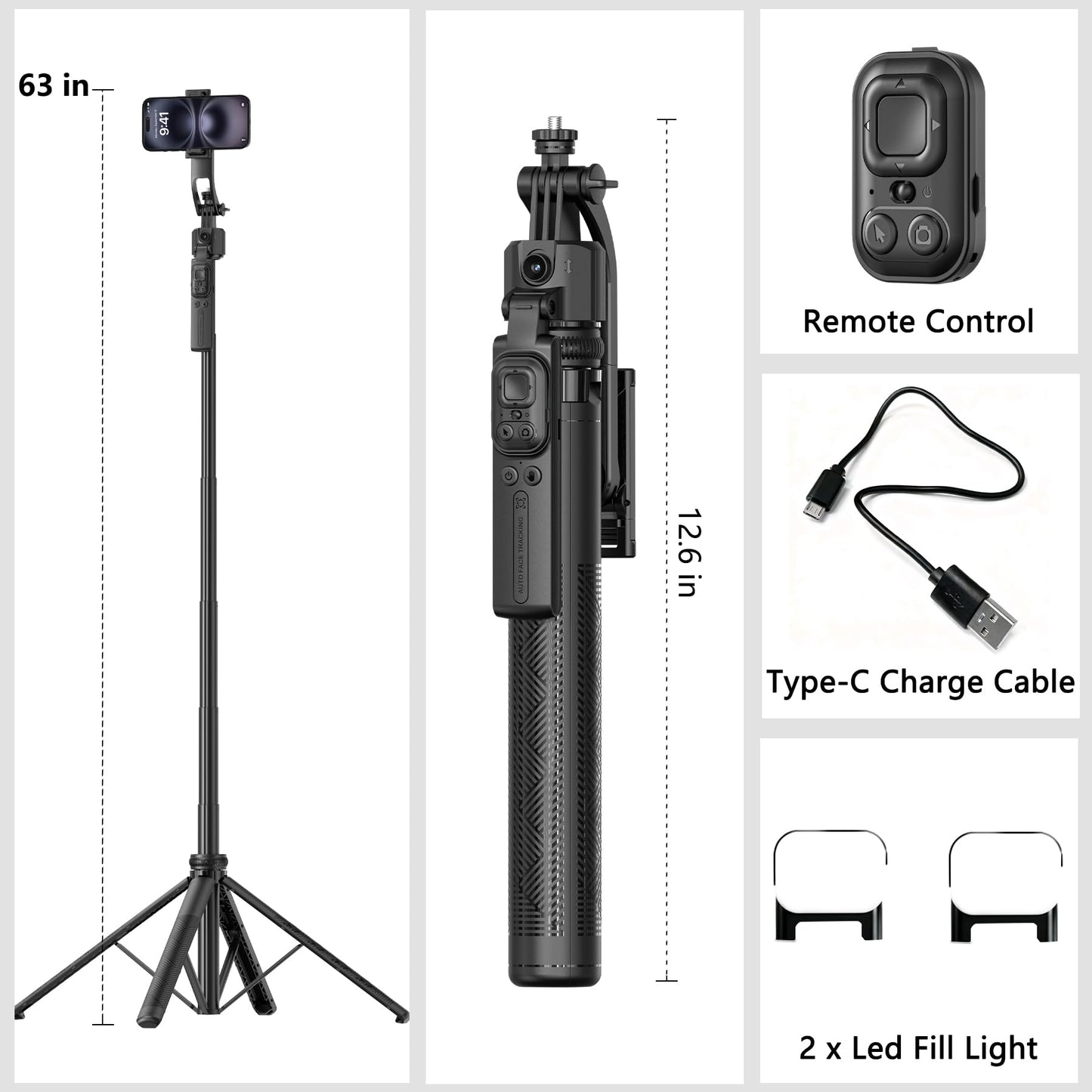 360° AI Face Tracking Tripod with Ring Lights