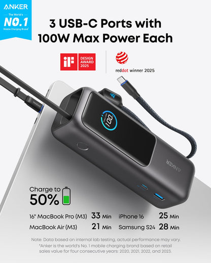 25000mAh High-Speed Power Bank with Built-In Cables