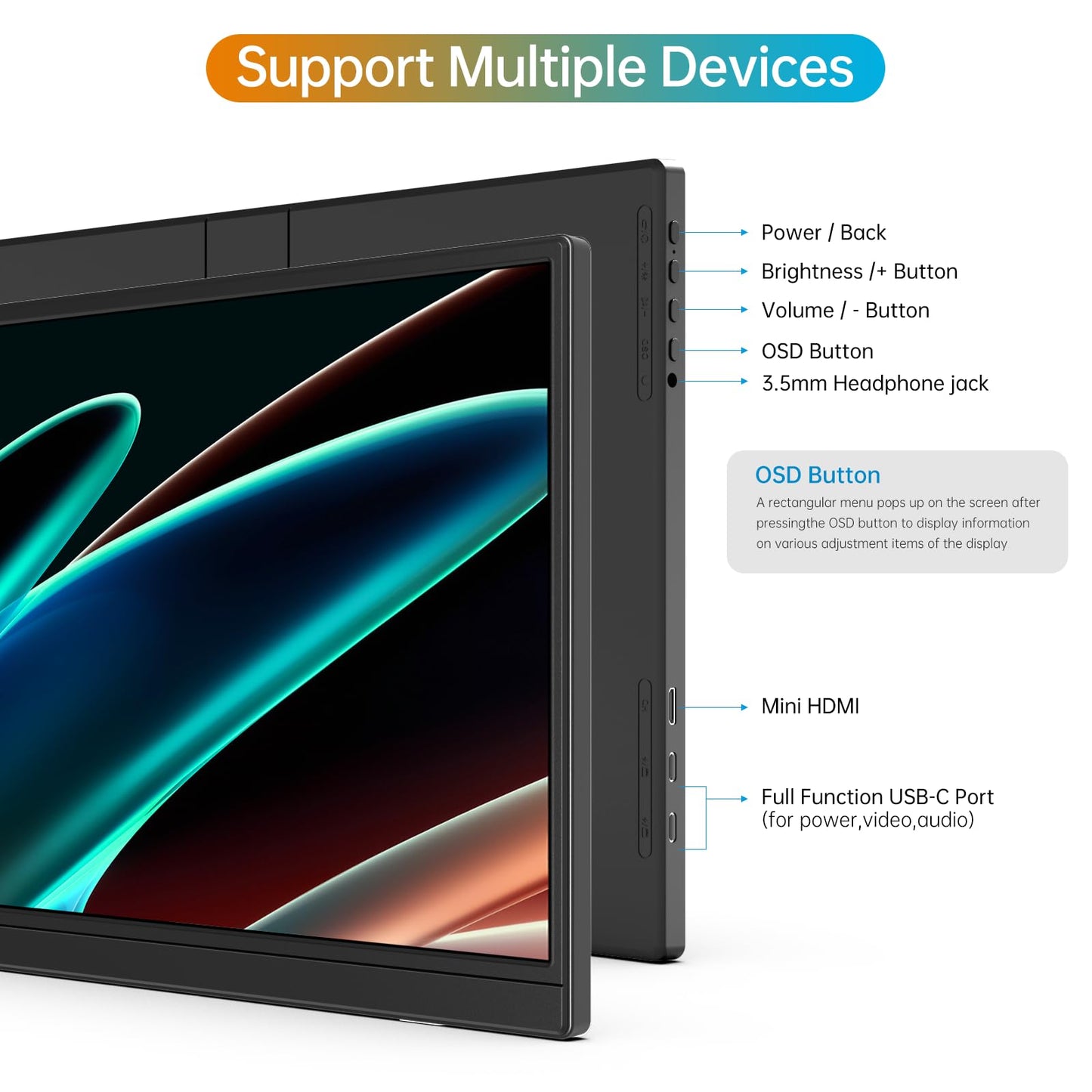 MNN Portable Monitor 15.6inch FHD 1080P USB C HDMI Gaming Ultra-Slim
