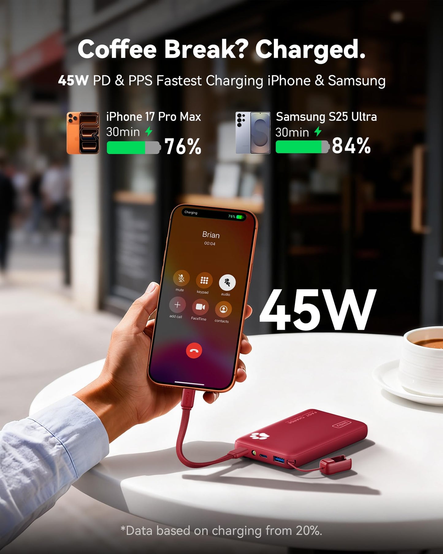 INIU Portable Charger, Ultra Slim 45W Fast Charging with Attached USB C Cable