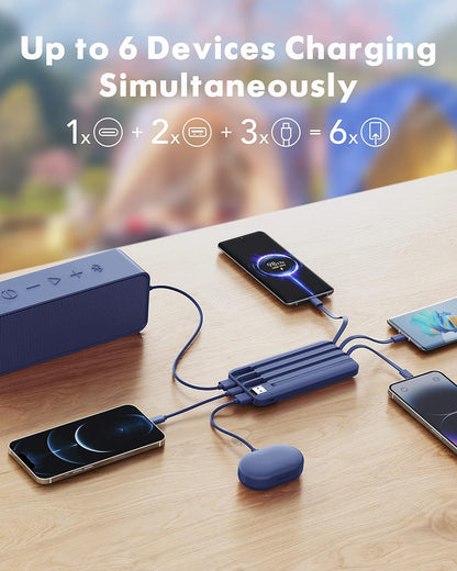 Slim 10000mAh Power Bank with Built-in Cables
